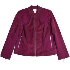 Chico's Faux Suede Leather Knit Bomber Jacket Plumb Burgundy Size 0P